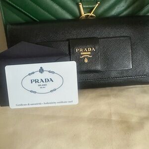 PRADA Ribbon Bi-fold Long Wallet Black Saffiano Leather